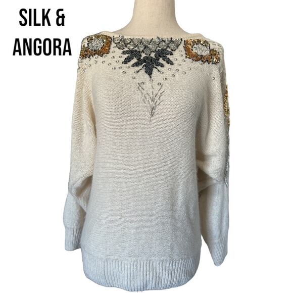 Vintage Beaded Sequin SILK ANGORA Cream Ivory Gold Black Silver Sweater Sz Large - Picture 1 of 11